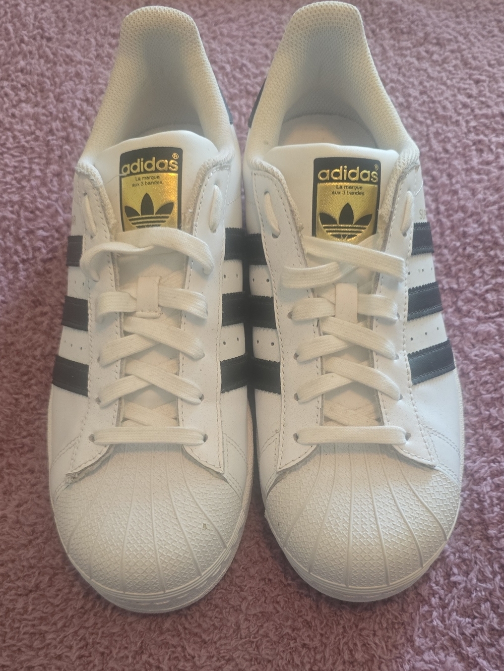 Adidas Superstar White Sneakers with Black Stripes and Gold Logo Size 9